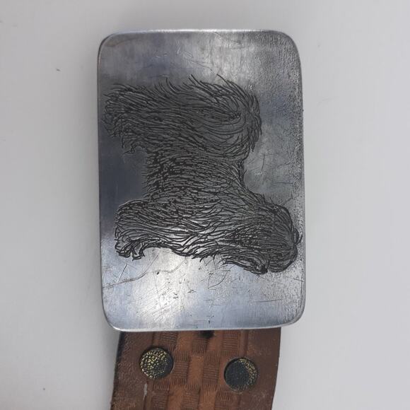 Men's Tooled Brown Leather Belt Basket Weave Shaggy Dog Buckle Old English Sheep - Picture 5 of 13